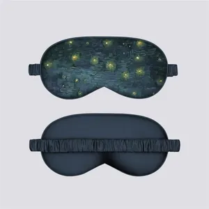 Detailed view of Van Gogh Starry Night silk sleep mask showing artistic print and elastic band