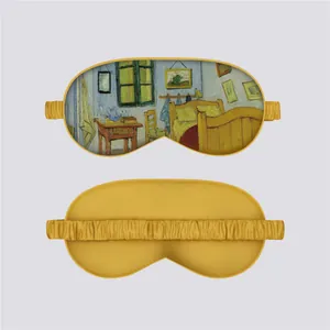 Detailed view of Van Gogh art silk sleep mask with comfortable elastic strap and yellow fabric