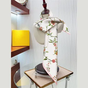 Elegant 90cm floral twill silk scarf for women featuring premium botanical patterns in white