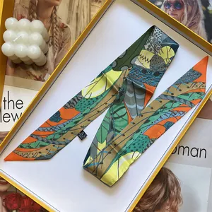Fashion Women Print Satin Twilly Scarf Narrow Long Necktie Headband For Bag Handle Elegant Leaf Feather Pattern Hair Tie