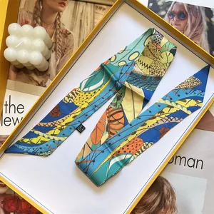 Narrow silk scarf with tropical botanical print in gift box for hair or neck styling