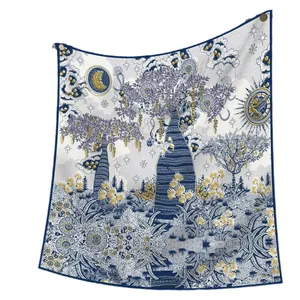 Artistic 90x90cm silk scarf with navy tree of life and sun pattern, luxury square wrap