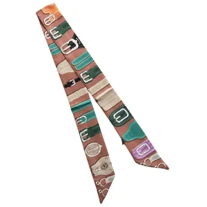 French vintage double-sided silk twilly scarf with elegant belt and buckle print