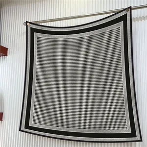 Classic black and white houndstooth 90cm square silk scarf with multi-layer border edges