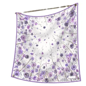 Violet floral silk twill square scarf for women with elegant pansy botanical patterns