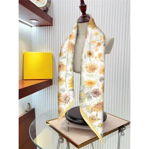 French vintage sunflower print silk scarf for women in beige and yellow floral design
