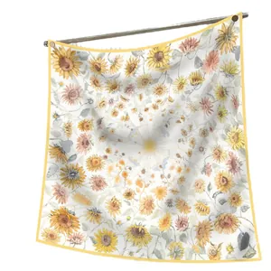French vintage 90cm square silk scarf with yellow sunflower print and silk luster finish