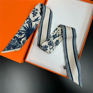 Floral print silk scarf with French Toile de Jouy pattern and orange gift box