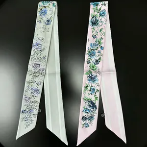 Elegant Satin Rose Floral Striped Twilly Scarf For Women Double Sided Thin Hair Band Bag Handle Decorative Neck Tie