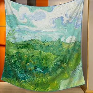 Tapisserie murale artistique Van Gogh impressionniste avec champ de blé vert et bleu