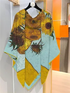 Detail of artistic sunflower oil painting print on premium silk-like shawl with yellow borders