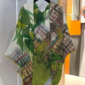 Artistic landscape oil painting cashmere-feel square scarf with premium green border