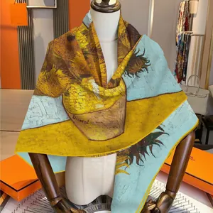 Elegant Van Gogh Sunflower print scarf wrap in yellow and blue displayed on a mannequin