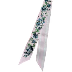 Pink silk twilly with blue floral roses and stripes for hair or handbag styling