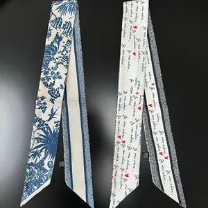Women's French Satin Twilly Scarf Double Sided Plant Floral Heart Letter Print Long Silk-like Ribbon Handbag Decoration Neck Scarf