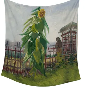 Artistic Van Gogh style sunflower tapestry hanging on a minimalist light grey wall decor