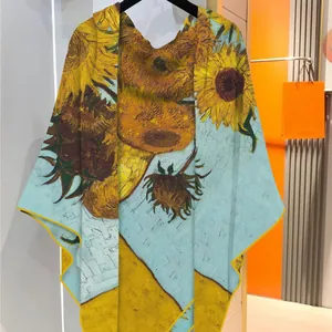 Artistic Van Gogh Sunflower printed shawl in yellow and light blue velvet cashmere