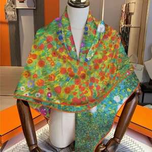 Elegante chal de cachemira para mujer con estampado floral colorido y borde rojo contrastado