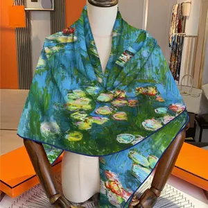 Luxury water lily oil painting print silk scarf draped on mannequin with blue edges