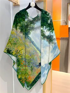 Close-up of hand-rolled edges on impressionist oil painting silk scarf and shawl