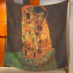 Écharpe Vintage en Imitation Cachemire Imprimé Le Baiser De Gustav Klimt Pour Femmes Grand Châle Carré Roulotté À La Main