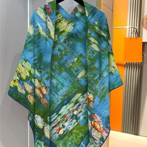 Luxury cashmere-feel scarf featuring Monet water lily oil painting floral print
