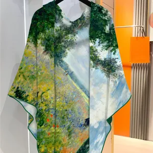 Artistic oil painting print winter scarf with handmade rolled edges and vibrant floral pattern