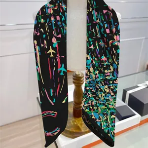 90cm black twill silk scarf for women featuring colorful aircraft patterns and graffiti