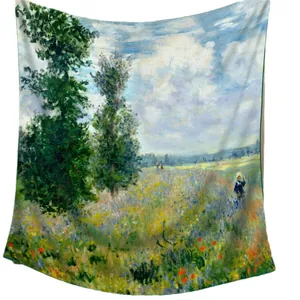 Impressionist landscape tapestry featuring wildflower fields and blue skies for wall decor