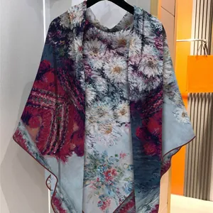 Impressionist floral cashmere shawl wrap with premium blue and red print pattern