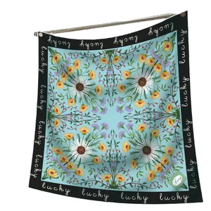 Elegant floral silk square scarf with daisy print and lucky lettering border for women