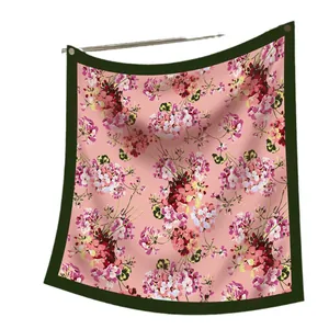 Pink satin square scarf with hydrangea floral pattern and dark green borders