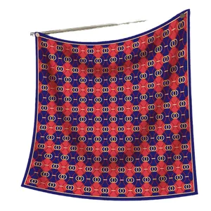 Red and blue checkered silk square scarf with gold interlocking rings for women