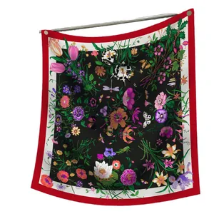 Floral print square silk scarf with black and red border featuring nature insects