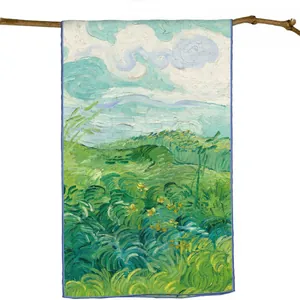 Écharpe longue en soie style Van Gogh avec motif de champs de blé verts et nuages