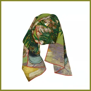 Detailed close-up of an impressionist oil painting floral scarf with red rolled hem edge