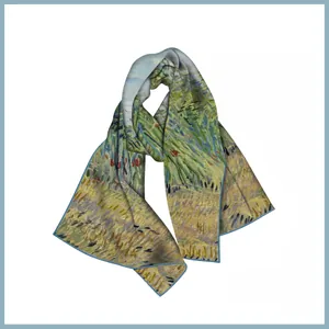 Close-up of hand-rolled edges and silk texture with artistic oil painting print