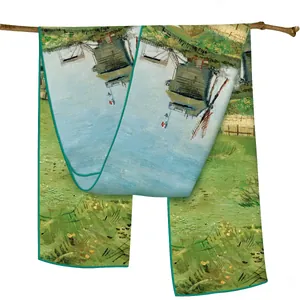 Écharpe en Satin Femme Vintage Peinture à l'Huile Van Gogh Châle Long Imprimé Paysage Moulin à Vent Protection Solaire Foulard Artistique Fin