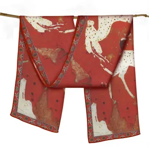 Women's Chinese Style Satin Scarf Red Dunhuang Mural Mythical Deer Print Shawl Lightweight Elegant Decorative Satin Wrap