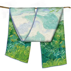 Écharpe artistique en soie style Van Gogh avec imprimé peinture verte sur branche