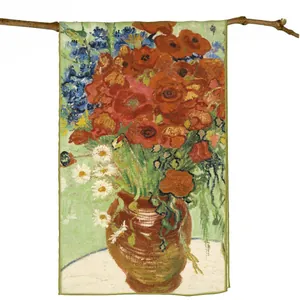Silk-textured scarf with Van Gogh Poppy flowers painting hanging on wooden branch