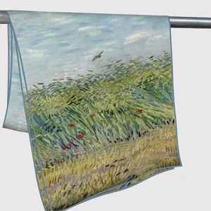 Artistic wheat field silk scarf with hand-rolled edges and blue border display