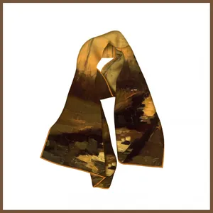 Detail of oil painting print long silk scarf with vibrant orange rolled edges and satin texture