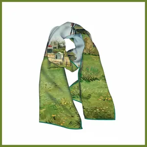 Détail d'un foulard en satin soyeux avec imprimé artistique de peinture à l'huile