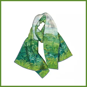Détail du foulard en soie style Van Gogh avec imprimé impressionniste vert chic