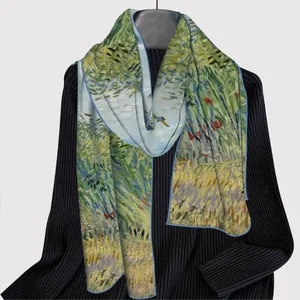 Artistic oil painting silk scarf with hand-rolled edges on a black knit shirt
