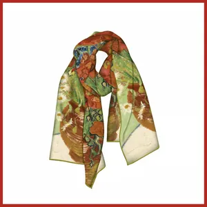 Close-up of silk scarf with artistic oil painting floral patterns and green rolled hem