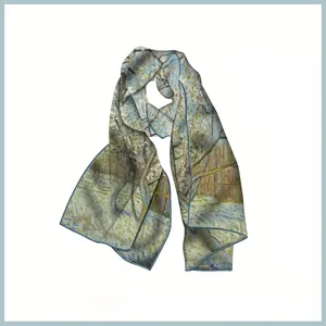 Detail of silk scarf showing Van Gogh style oil painting print and fine blue piping edge