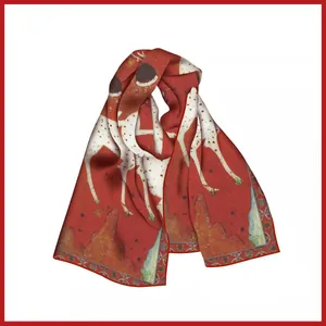 Detailed view of red satin silk scarf featuring white deer motifs and floral edge design