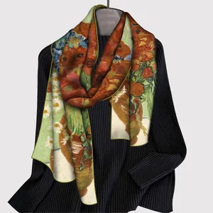 Artistic oil painting sunflower silk scarf shawl in vibrant orange and green tones